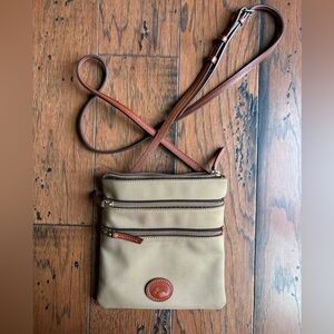 Vintage Dooney and Bourke nylon crossbody bag, tan with leather accents